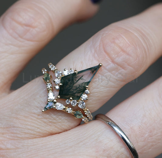 Kite Moss Agate Diamond Ring Set - Diamond Band, 14k Yellow Gold - Ready to Ship / Abigail - image 2