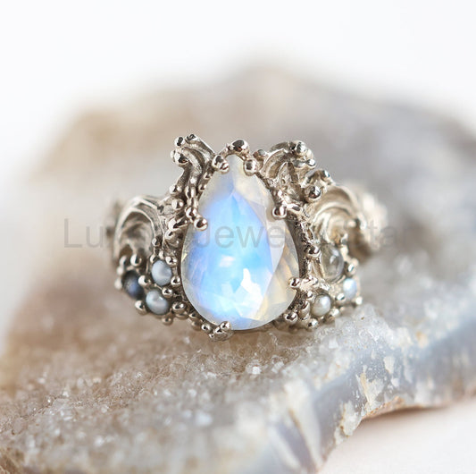 Pear Moonstone Floral Vintage Engagement Ring - Ready to Ship-new - image 2