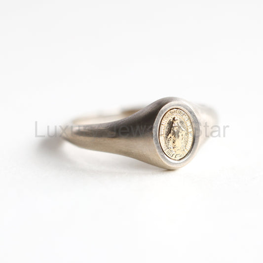 Virgin Mary Signet Ring K Or K Gold - Ready to Ship-new - image 2