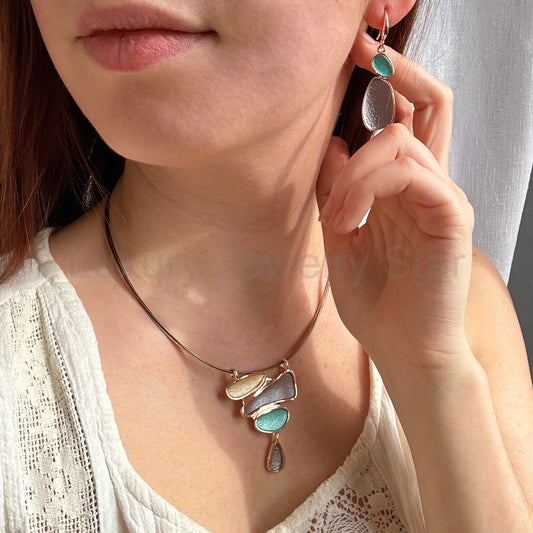 Abstract Stacking Stones Necklace, Boho Rose Gold Modern Art Statement Necklace and - image 2