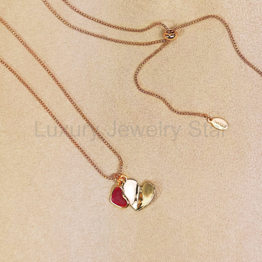 Boho Endless Romance Necklace, Double Heart Charm Rose Gold Statement Jewelry, Red Love - image 2