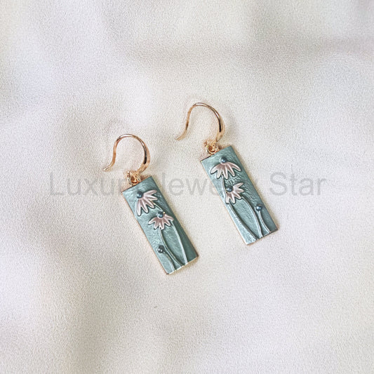 Boho Flower Portrait Earrings, Rose Gold Dangle Earrings, Bohemian Chic Pink and Blue - image 2
