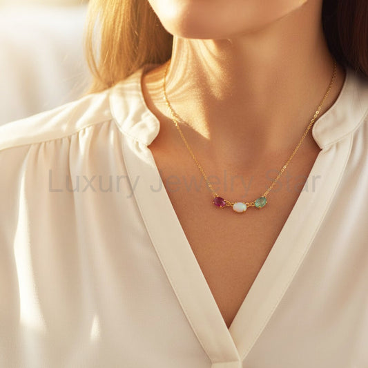 Horizontal Oval Birthstone Necklace, Custom Mom Multi-Stone Family Jewelry Gift with - image 2