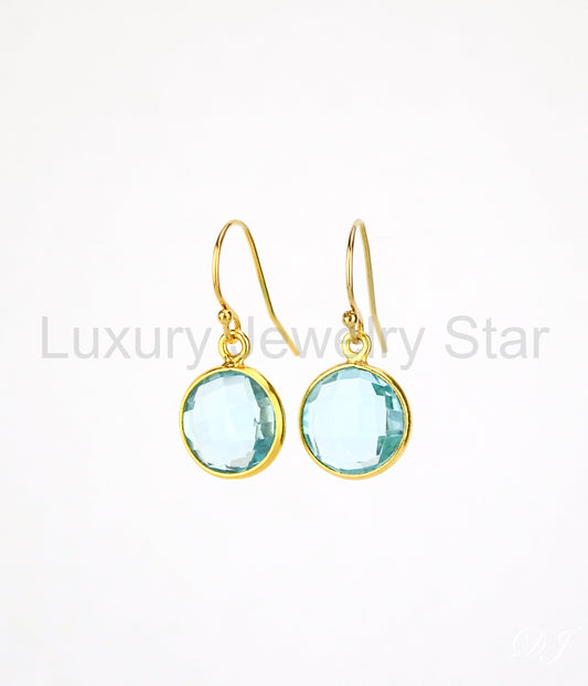 Round Blue Topaz Drop Earrings, Bezel Set Circle Birthstone Dangle Earrings, Sterling - image 2