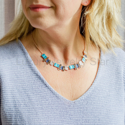 Stacked Squares Custom Necklace, Boho Style Gold, Silver, Rose Gold Collar Necklace - image 2