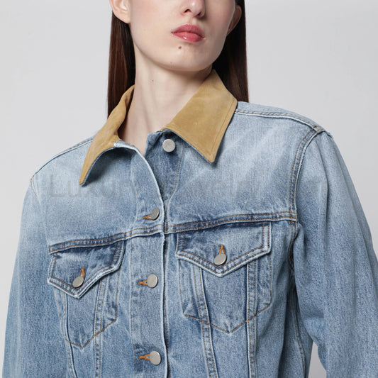 Róhe - Blue denim jacket with suede collar - image 2
