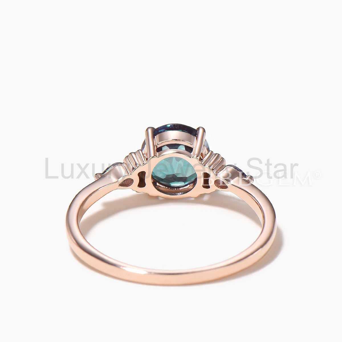 Round Cut Alexandrite Engagement Ring Color-change Gemstone Three Stone Ring - image 6