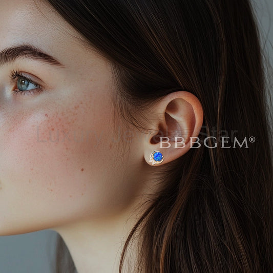 Round Cut Black Opal Moon Stud Earrings Diamond Yellow Gold Wedding Earrings - image 2