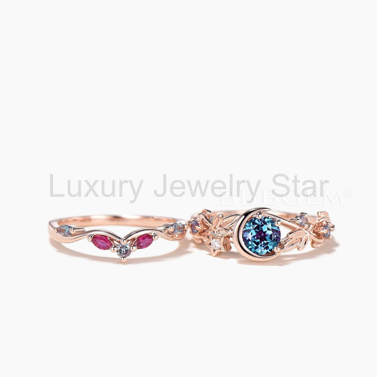 Round Cut Color-change Alexandrite Moon Twisted Ring Ruby Band Bridal Set - image 8