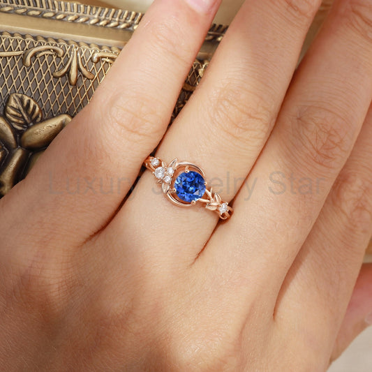 Crescent Moon & Floral Round Cut Sapphire Engagement Ring - Leonora