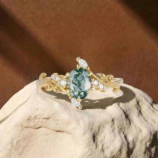 Leafy Inspired Oval Cut Moss Agate Enhancer Vine Engagement Ring - Bette