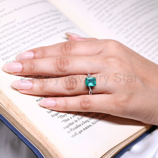 Green Emerald Birthstone Ring with twisted Shank Pave Setting - image 2
