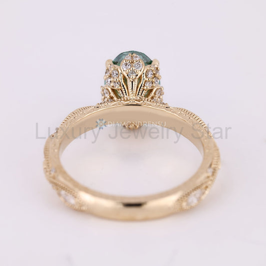 Green Oval Cut Diamond Ring with Marquise Outline Round Side Stones - image 2