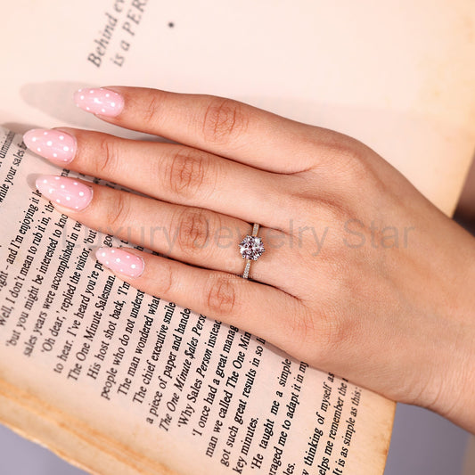 Pink Round Diamond Ring with Pave Style and Tapered Shank - image 2
