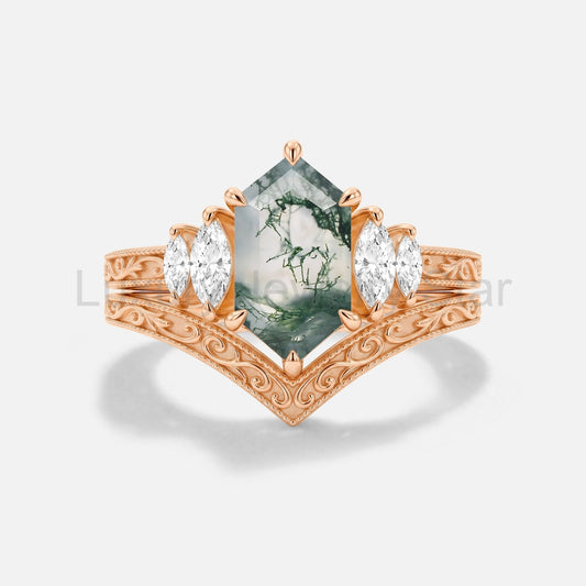 Elongated Hexagon Moss Agate Engraved Engagement Ring Set 2pcs - Atoll - image 2