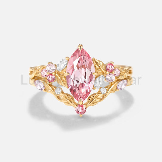 Marquise Cut Leaf Lab Pink Sapphire Engagement Ring Set 2pcs - Peony - image 2