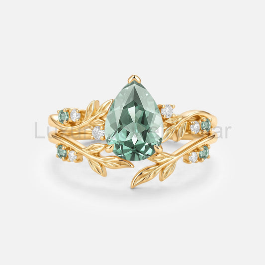 Pear Cut Lab Green Sapphire Antique Engagement Ring Set 2pcs - Alvara - image 2