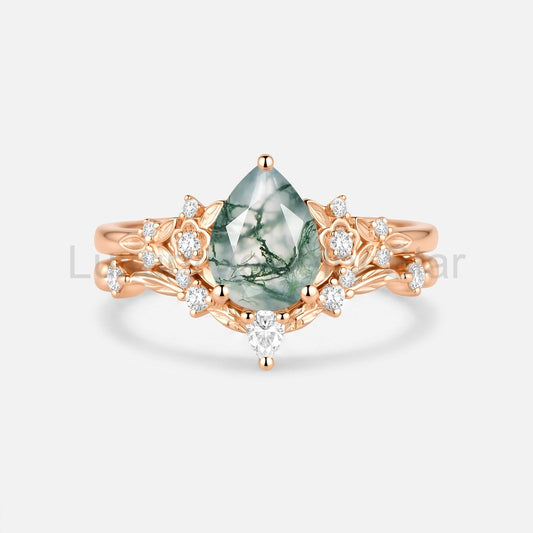 Pear Cut Moss Agate Flower Unique Engagement Ring Set 2pcs - Floralis - image 2