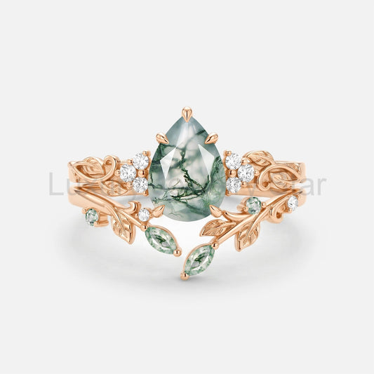 Pear Cut Moss Agate Leaf Dainty Engagement Ring Set 2pcs - Cassia - image 2