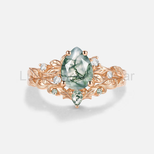 Pear Cut Moss Agate Leafy Unique Engagement Ring Set 2pcs - Larkspur - image 2