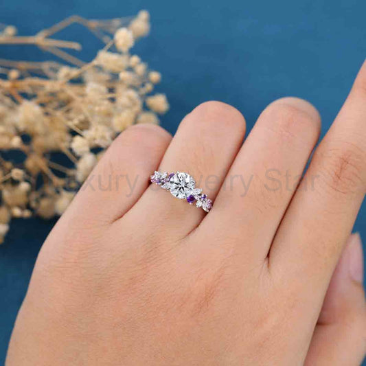 1.0CT~5.0CT Round cut Lab Grown Diamond Cluster Engagement Ring - image 2