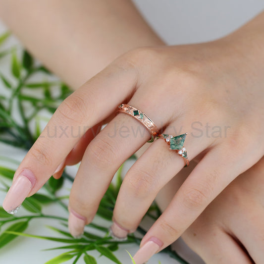 Forever Glow Moss Agate Couple Rings | Rose Gold Leaf Wedding Bridal Set - image 2