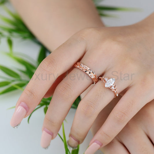 Marquise cut Moissanite Couple Rings | D Color VVS1 | Rose Gold Leaf Wedding Bridal Set - image 2