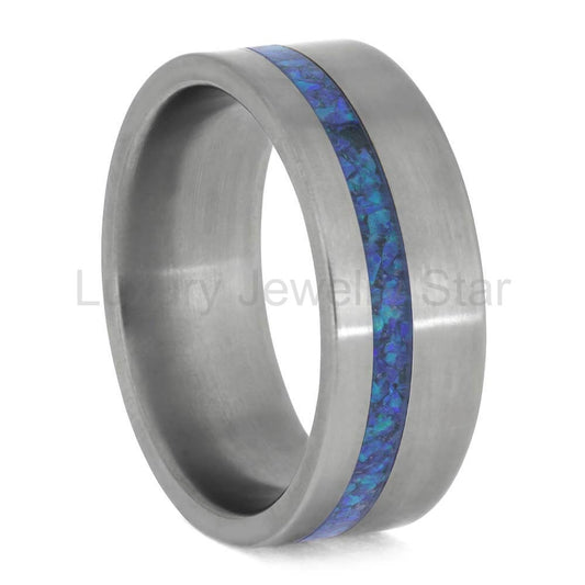 Blue Synthetic Opal Wedding Band in Matte Titanium - image 2
