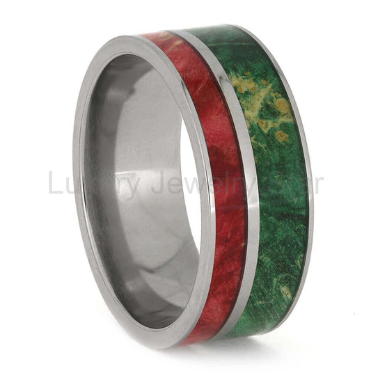 Red and Green Box Elder Burl Wood Wedding Band - image 2