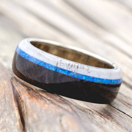 "Argos" - Ironwood, Antler & Blue Opal Wedding Band - 14K White Gold - Size 9 - image 2