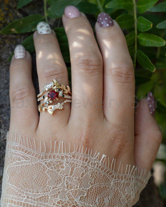 "Demeter" - Bridal Suite - Round Cut Garnet Engagement Ring With Black & White Diamond - image 2