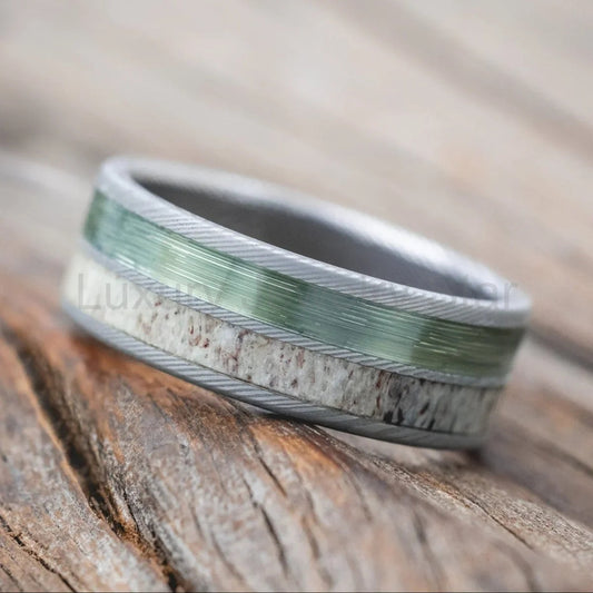 "Dyad" - Antler & Fishing Line Wedding Band - Damascus Steel (8mm) - Size 12 1/4 - image 2