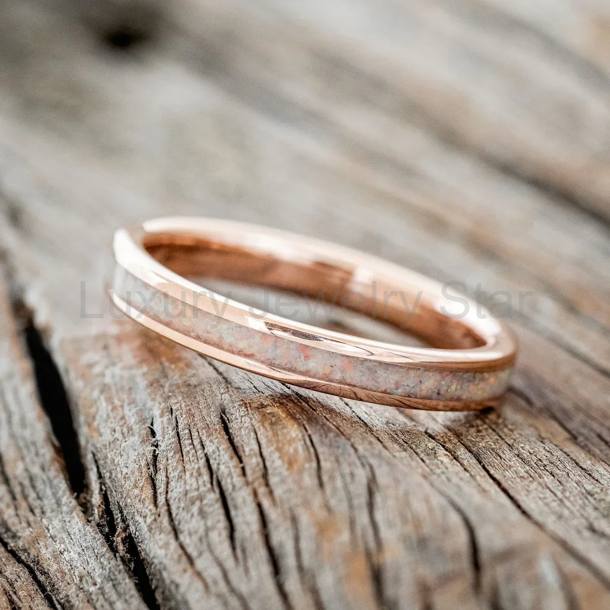 "Eterna" - Fire & Ice Opal Stacking Band - 14K Rose Gold (3mm) - Size 5 1/2 - image 3