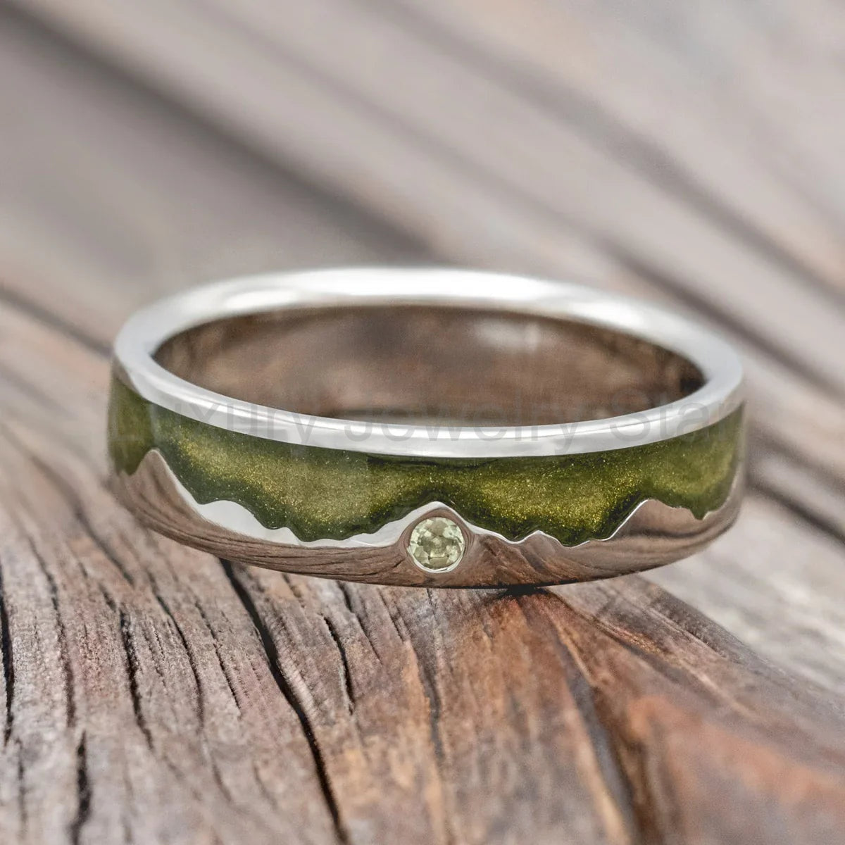 "Helios" - Mystic Moss Inlaid Wedding Ring With A Mountain Range And Peridot Accent - 14K - image 3