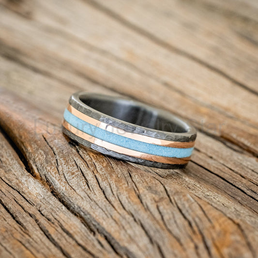 "Hollis" - Turquoise & 14K Yellow Gold Inlay Wedding Ring With Hammered Finish - Black - image 2