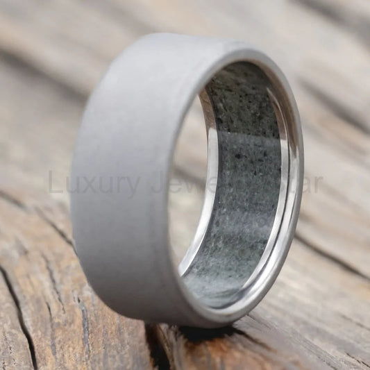 "Hyperion" - Crushed Moss Agate Lined Wedding Band With A Sandblasted Finish - Titanium - image 2