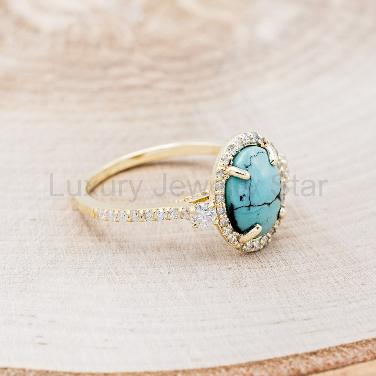"KB" - Oval Turquoise Engagement Ring With Diamond Halo & Accents - Ready To Ship - image 10