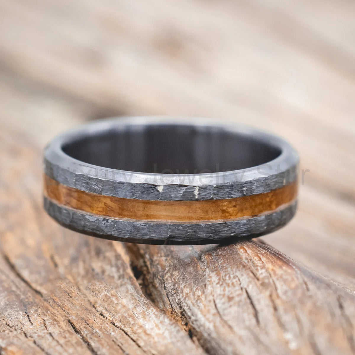 "Nirvana" - Centered Whiskey Barrel Inlay Wedding Band With Hammered Finish - Black - image 3