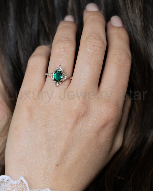 "North Star" - Oval Lab-Grown Emerald Engagement Ring With Diamond Halo & Diamond Accents - image 2