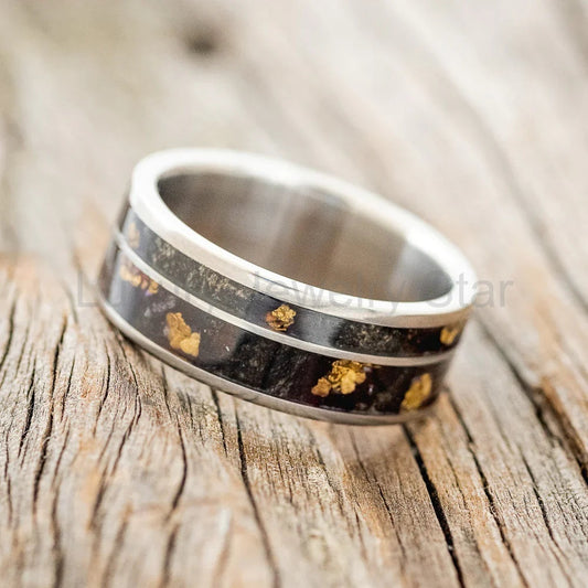 "Raptor" - Buckeye Burl Wood With Gold Nugget Inlays Wedding Ring - Titanium (8mm) - Size - image 2