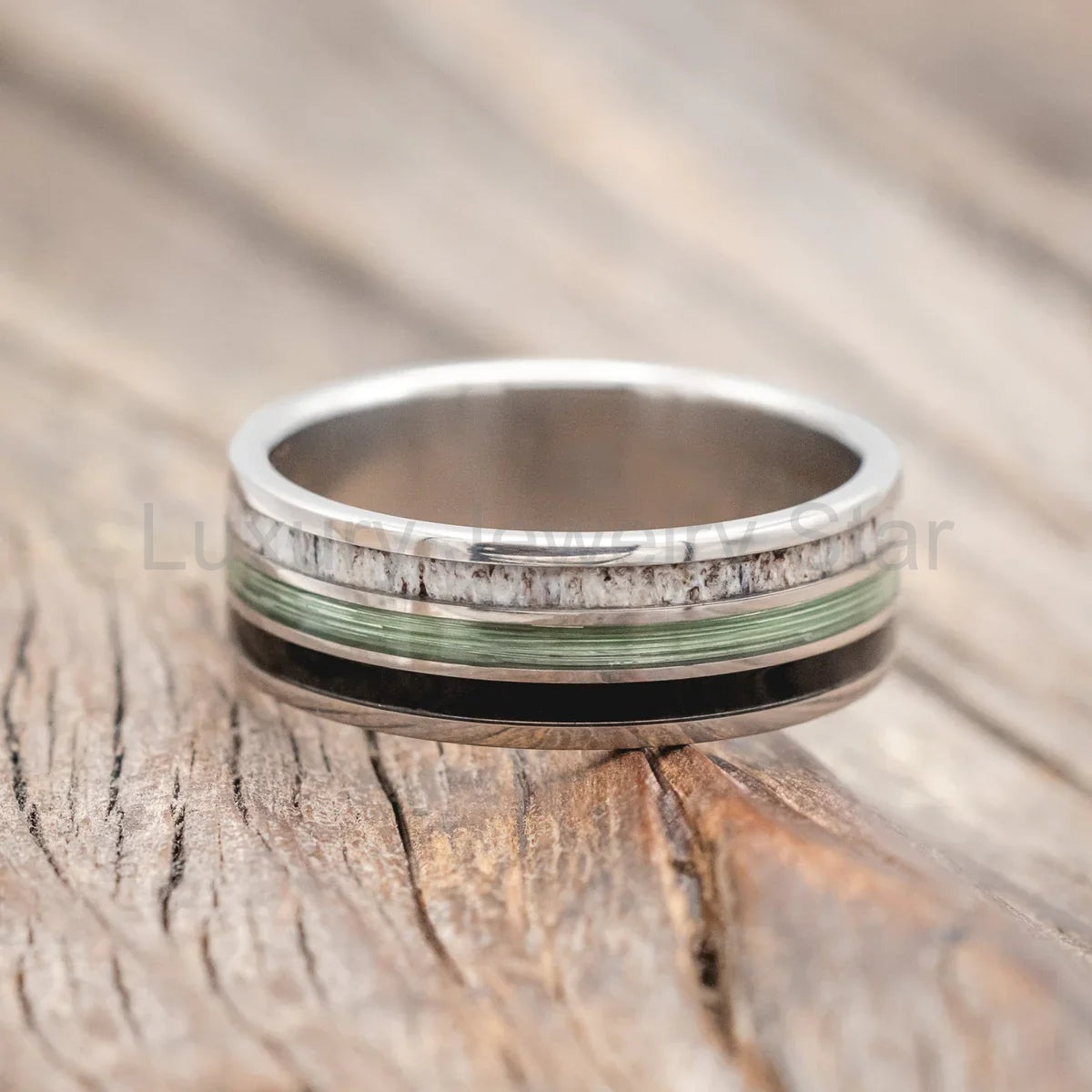 "Rio" - Antler, Green Mono Fishing Line, And Whiskey Barrel Oak Wedding Band - Titanium - image 3