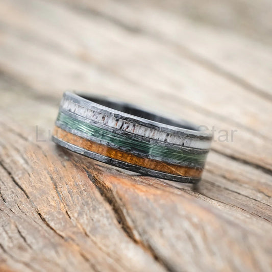 "Rio" - Antler, Green Mono Fishing Line, And Whiskey Barrel Oak Wedding Band With A - image 2