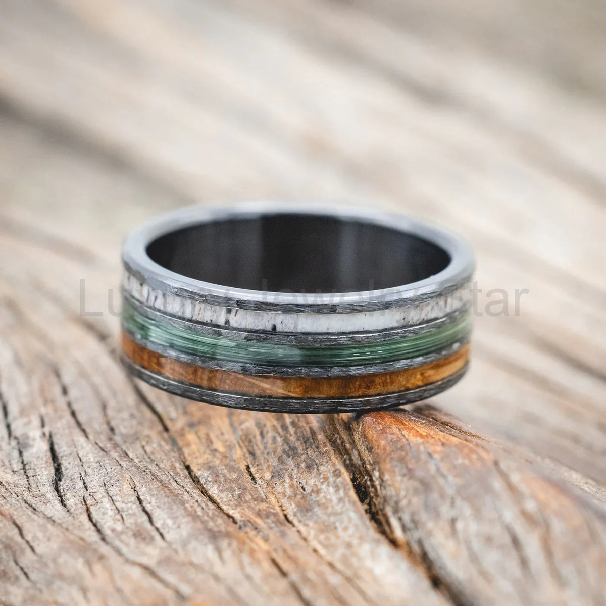 "Rio" - Antler, Green Mono Fishing Line, And Whiskey Barrel Oak Wedding Band With A - image 3