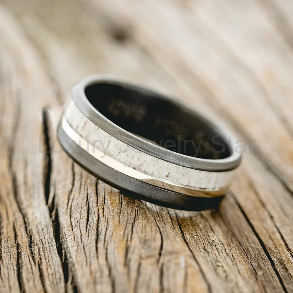 "Tanner" - Antler & 14K White Gold Inlay Wedding Ring - Black Zirconium (8mm) - Size 10 - image 3