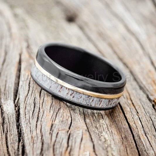 "Tanner" - Antler & 14K Yellow Gold Inlay Wedding Ring With A Polished Finish - Black - image 2