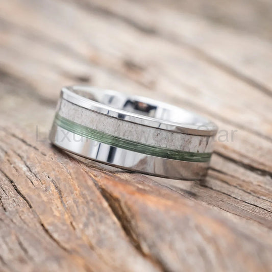 "Tanner" - Green Mono Fishing Line & Antler Wedding Band - Tungsten (8mm) - Size 9 1/2 - image 2