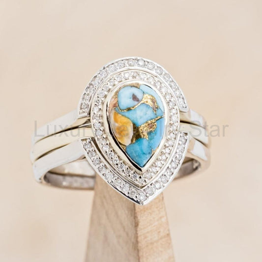 "Terra" Bridal Suite - Pear Cabochon Cut Spiny Oyster Turquoise Engagement Ring With - image 2
