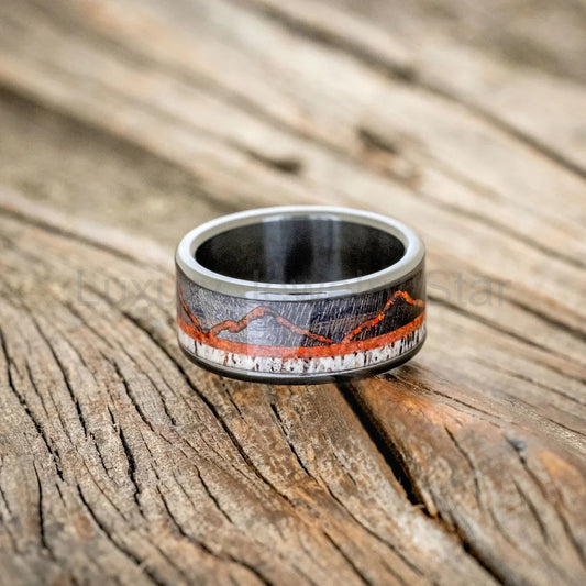 "The Expedition" - Mountain Engraved Wedding Ring With Dark Maple, Red Opal & Antler - image 2