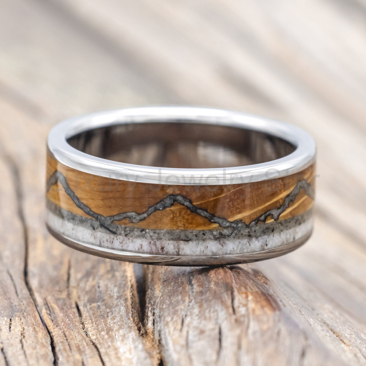 "The Expedition" - Mountain Engraved Wedding Ring With Whiskey Barrel Oak, Moonstone & - image 3