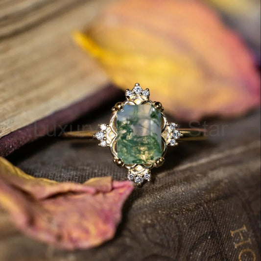 "Treva" - Oval Cut Moss Agate Engagement Ring With Diamond Accents - 14K Yellow Gold - image 2